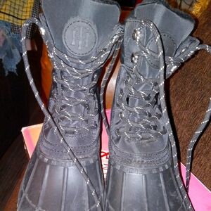 Black Winter Rain Boots with Lace-Up Design